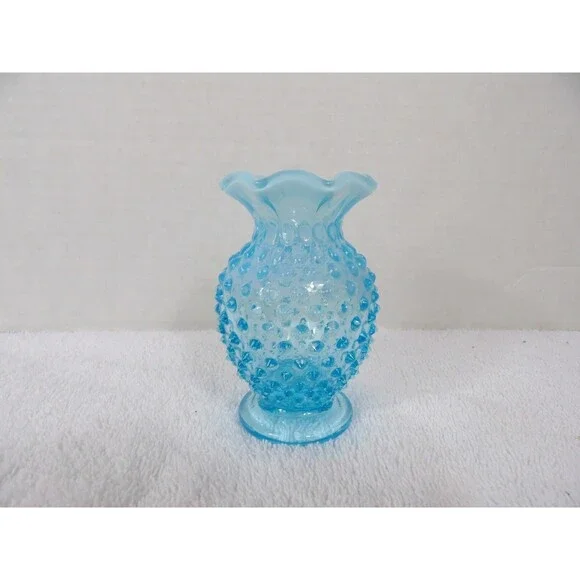 Fenton Vase Hobnail Aqua Blue Opalescent Glass Bud Small 3.5” Ruffle Edge Set 2 - Picture 10 of 16
